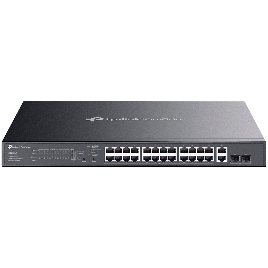 TP-Link ES228GMP Omada 28-Port Gigabit Easy Managed Switch with 24-Port PoE+, 24x Gigabit PoE+ Ports, 2x Gigabit Non-PoE Ports, 2x Gigabit SFP Ports, 384W PoE Power, 1U 19-inch Rack-mountable Steel Ca