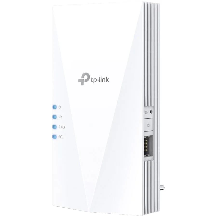 TP-Link RE500X AX1500 Wi-Fi 6 Range Extender, 300 Mbps at 2.4 GHz + 1201 Mbps at 5 GHz, 2 × Internal Antennas, 1 × Gigabit Port, Broadcom 1.5GHz Tri-Core CPU, 1024 QAM, Wall Plugged, Tether App, WPS,