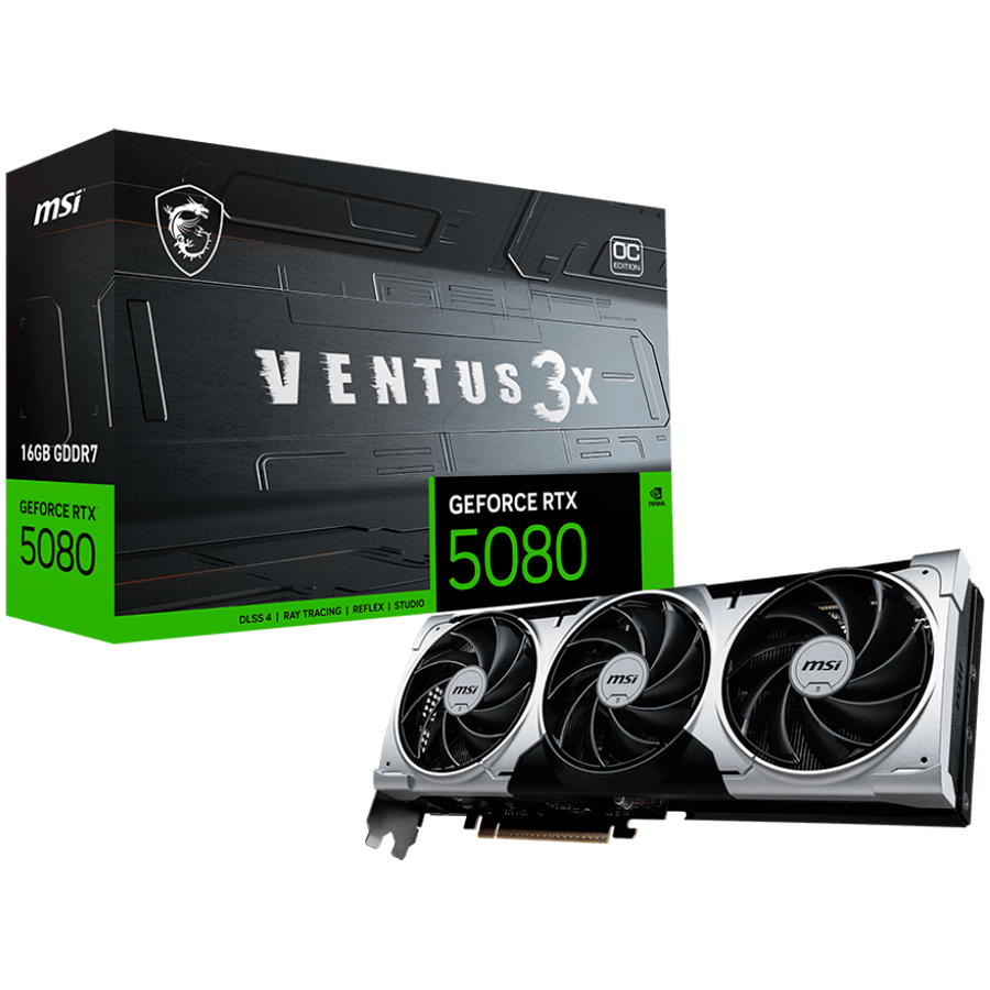 MSI Video Card Nvidia RTX 5080 16G VENTUS 3X OC PLUS (16GB GDDR7/256bit, PCI-E Gen5, 3x DP 2.1, 1x HDMI 2.1, 1x 16-pin Power Connector, 850W recommended, Retail)