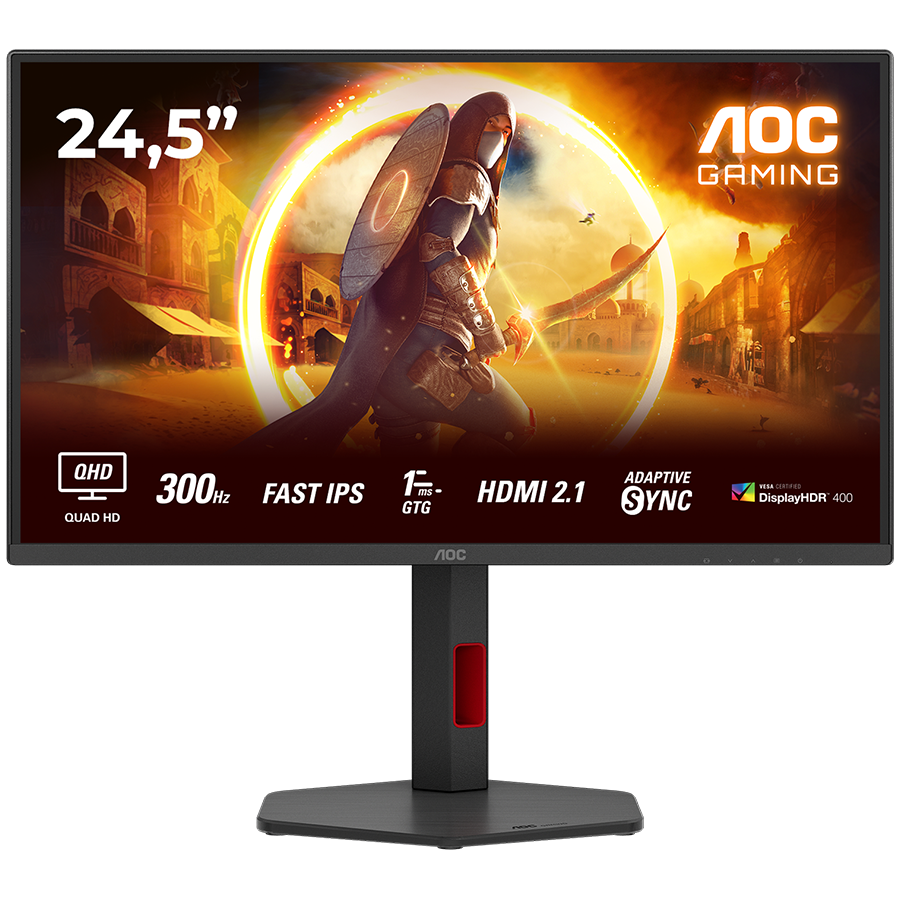 AOC MONITOR Q25G4SR, GAMING 25'', G, 300HZ, FAST IPS, 2560x1440, 0.3 MS, 80M:1, 300 CD/M, TILT, HEIGHT ADJUSTABLE, SWIVEL, PIVOT, 2X HDMI, DISPLAY PORT, 3YW, BLACK-RED