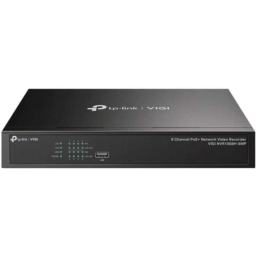TP-Link VIGI NVR1008H-8MP 8 Channel PoE Network Video Recorder, H.265+/H.265/H.264+/H.264, Up to 8MP resolution,80 Mbps Incoming Bandwidth(up to 8 channels),8×10/100 Mbps PoE+ Ports, PoE Power 113W, 1