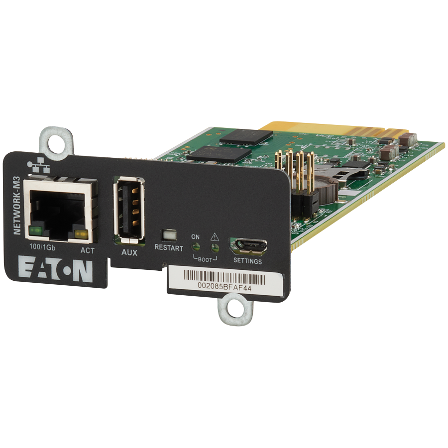 Eaton Network Managment Card - M3; Web/SNMP communications; Ethernet 10/100/1000BaseT; For UPS: 5P, 5PX, 5PX G2, 5SC Rack, 9PX, 9PXM, 9SX, 9130, Ferrups FX, 9E, 93PS, 91PS, 91PS Monoblock, 93E PDU: AT