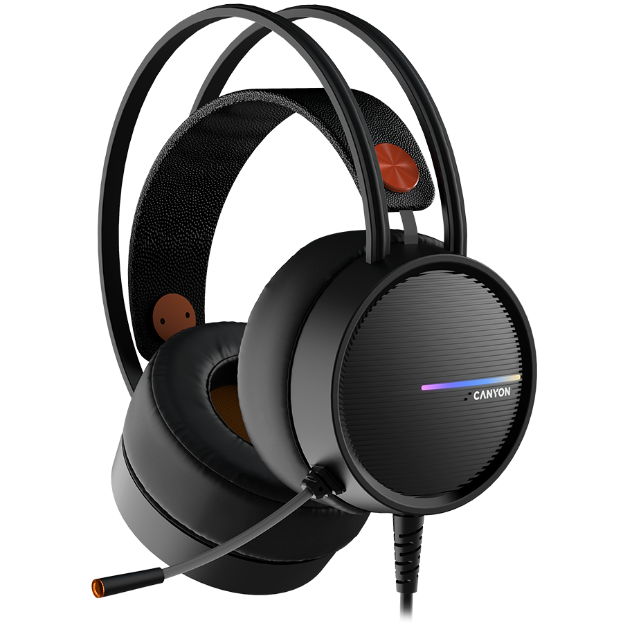 CANYON INTERCEPTOR GH-8A, Gaming headset 3.5mm jack plus USB connector for LED backlight, adjustable microphone and volume control, with 2in1 3.5mm adapter, cable 2M, Black and Orange, 0.36kg