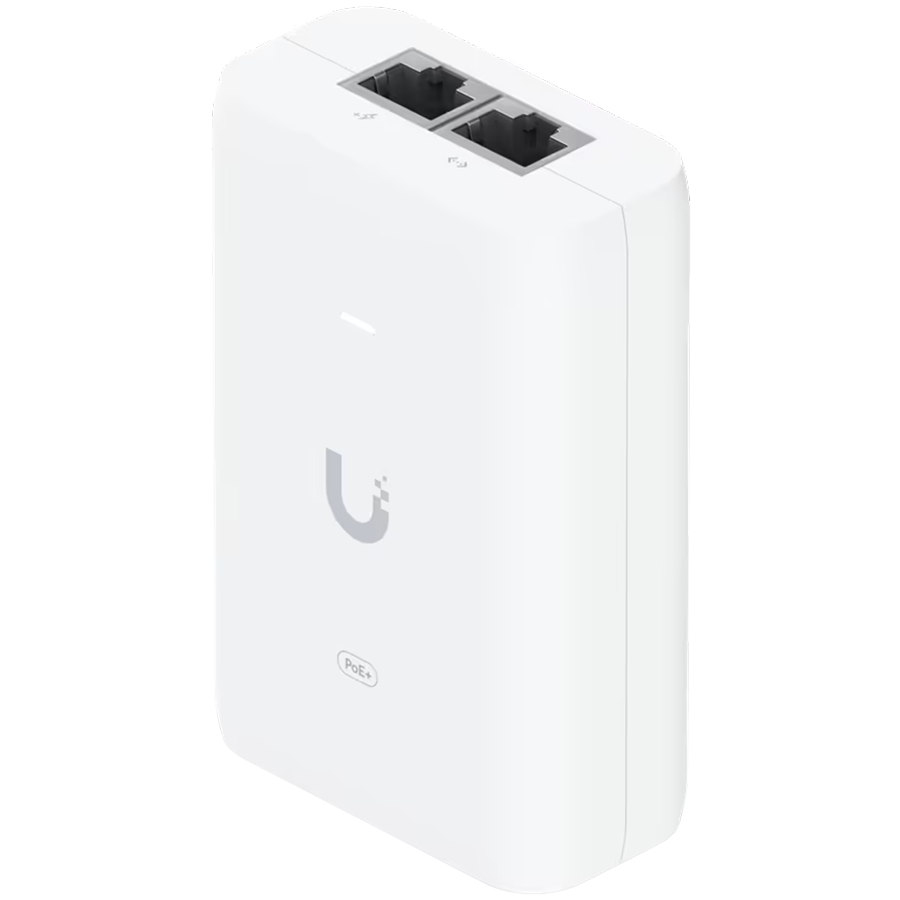 Ubiquiti U-POE+ adapter 30W, powers UniFi PoE+ devices, reduce dependency on PoE switch power, Contains RJ45 data input, AC cable with earth ground, and PoE+ output