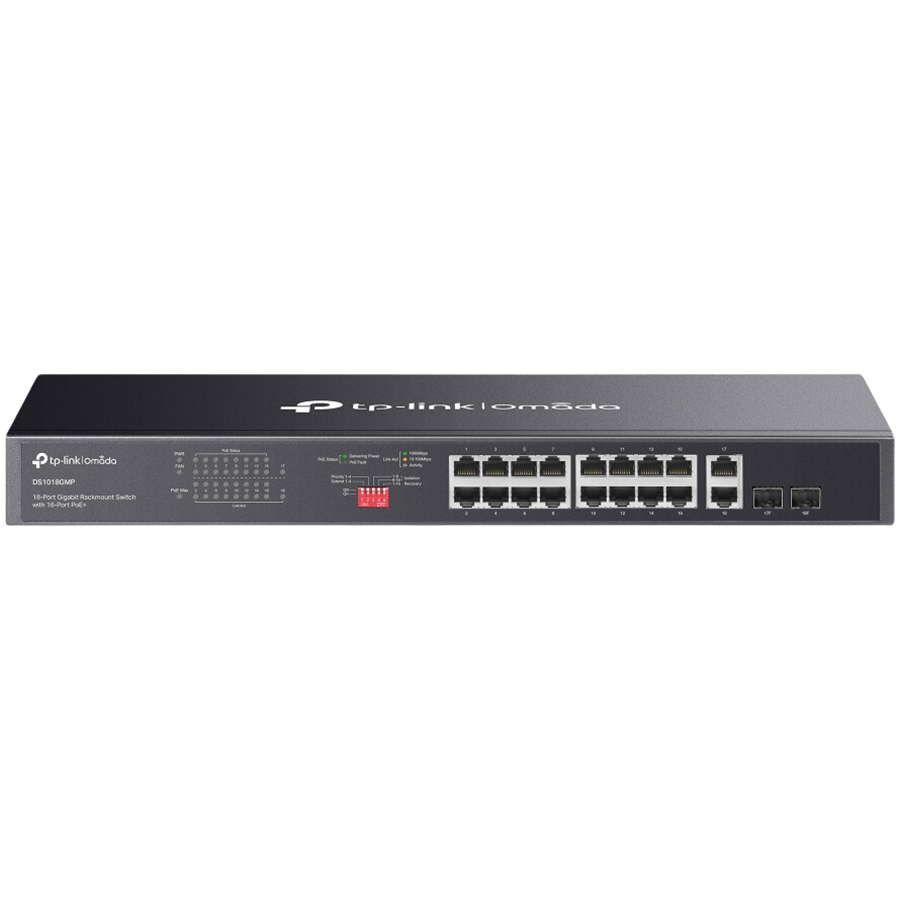 Omada 18-Port Gigabit Rackmount  Switch with 16-Port PoE+ PORT: 16× Gigabit PoE+ Ports, 2× Gigabit Non-PoE Ports, 2× Combo Gigabit SFP Slots SPEC: 802.3at/af, 250 W PoE Power, 1U 19-inch Rack-mountabl