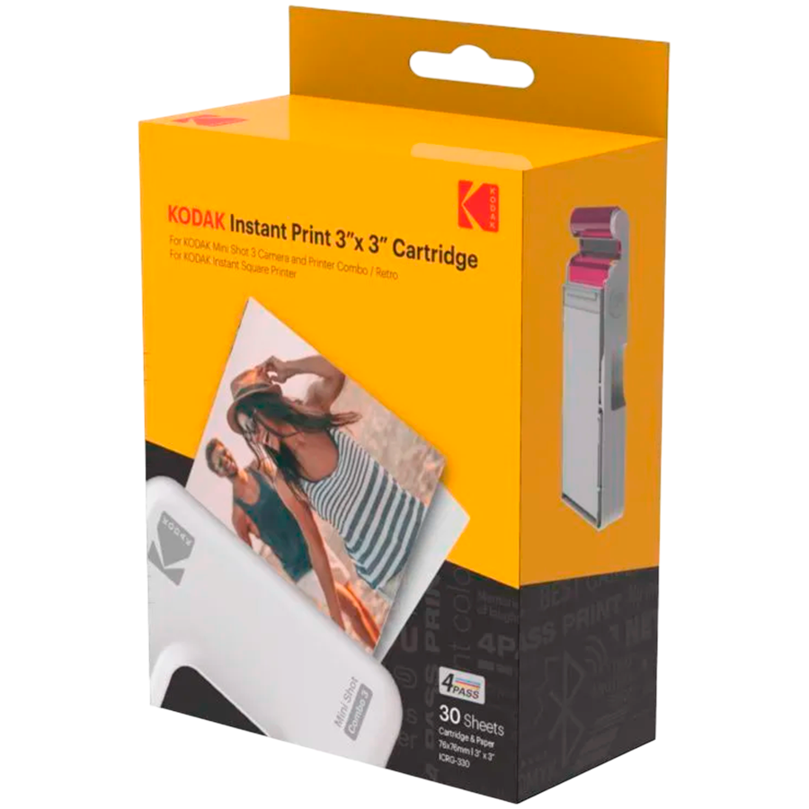 Kodak ICRG-330 4PASS 3 x 3 Inch (7.6 x 7.6 cm) Paper and Color Ribbon Integrated Cartridge, Compatible with Mini 3 Square, Mini 3 Square Retro, Mini Shot 3 Square, Mini Shot 3 Square Retro 3 Pack