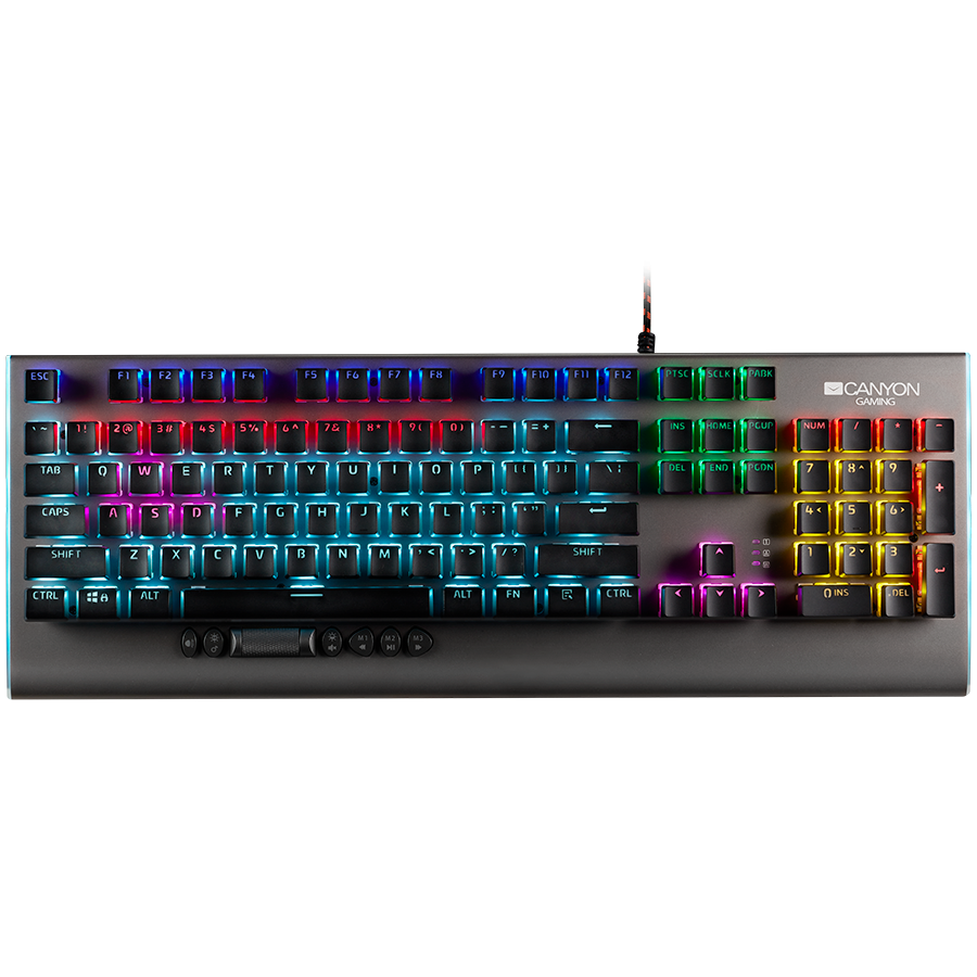 CANYON Interceptor GK-8, Wired multimedia gaming keyboard with lighting effect, 20pcs rainbow LED & 19pcs RGB light, Numbers 104keys, EN double injection layout, cable length 1.8M, 446*160*40mm, 0.98k