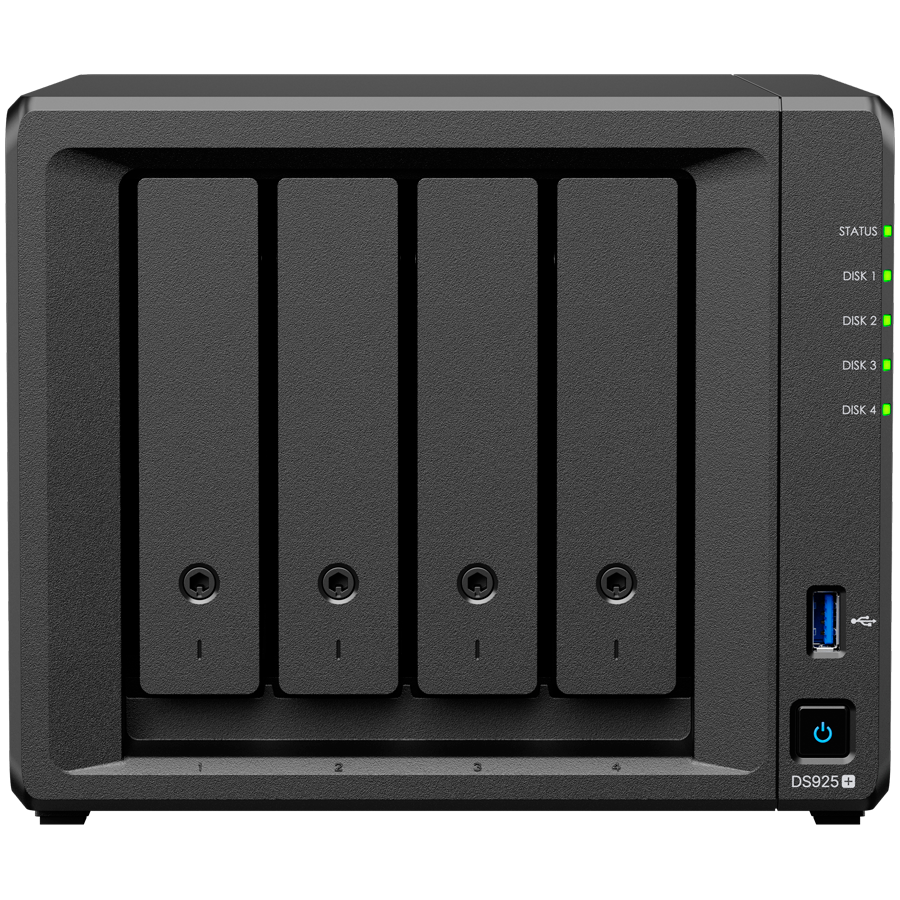 Synology DiskStation DS925+ Tower, 4-Bays 3.5'' SATA HDD/SSD, 2 x M.2 2280 NVMe SSD slot, CPU AMD Ryzen V1500B 4-core 2.2 GHz, 4 GB DDR4 ECC SODIMM, 2x RJ-45 2.5 GbE LAN Port; 2x USB 3.2; 1 xUSB Type-