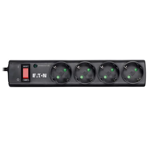 Eaton Protection Strip 4 DIN, 10A, Input: Schuko, Outputs: (4) Schuko; Power Cord Lenght 1m; Over voltage protection; On/Off switch; LED indication; 2yr warranty
