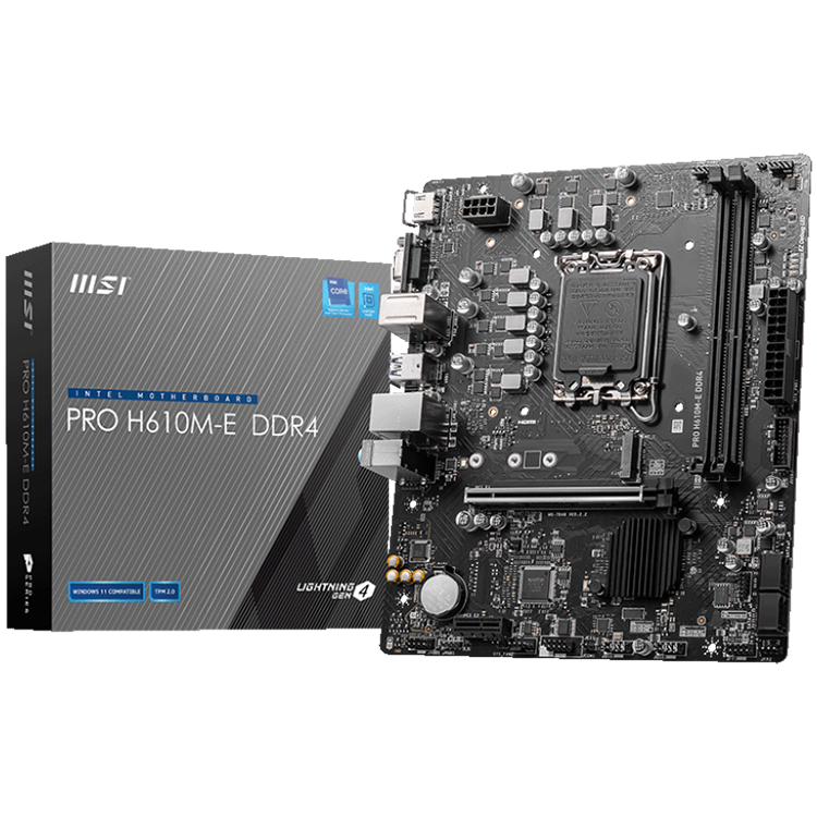 MSI PRO H610M-E DDR4, Micro-ATX, Socket 1700, Dual Channel DDR4 3200(OC)MHz, 1x PCIe x16 slots, 1x M.2 slots, 1x HDMI, 1 x VGA, 2x USB 3.2 Gen 1, 4x USB 2.0, 3Y