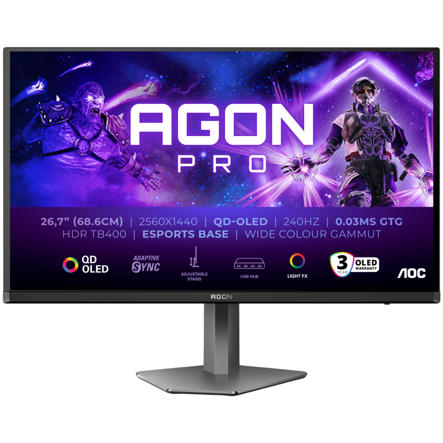AOC Monitor LED AG276QZD2 AGON PRO 26.7" 2560x1440 QD-OLED Adaptive Sync 240Hz 0.03ms 250 cd/m2 3-sided frameless FULL ERGO 2xHDMI 2xDP USB Hub