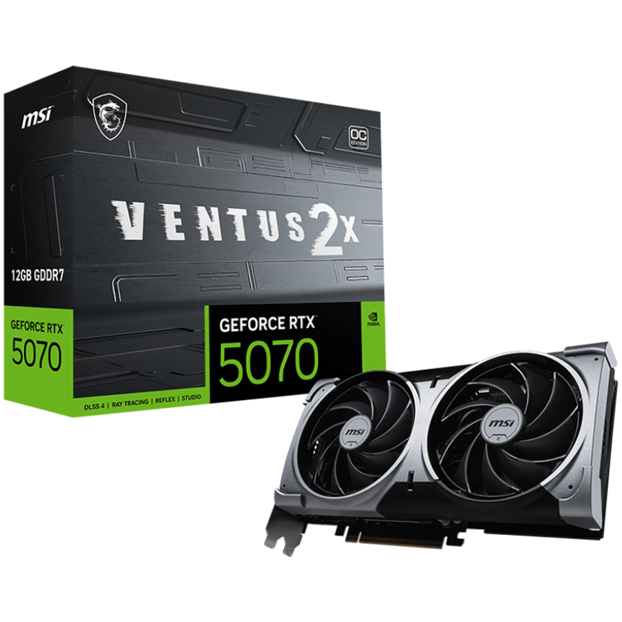MSI Video Card Nvidia GeForce RTX 5070 12G VENTUS 2X OC (12GB GDDR7/192bit, PCI-E Gen5, 3x DP 2.1, 1x HDMI 2.1, 1x 16-pin Power Connector, Retail)