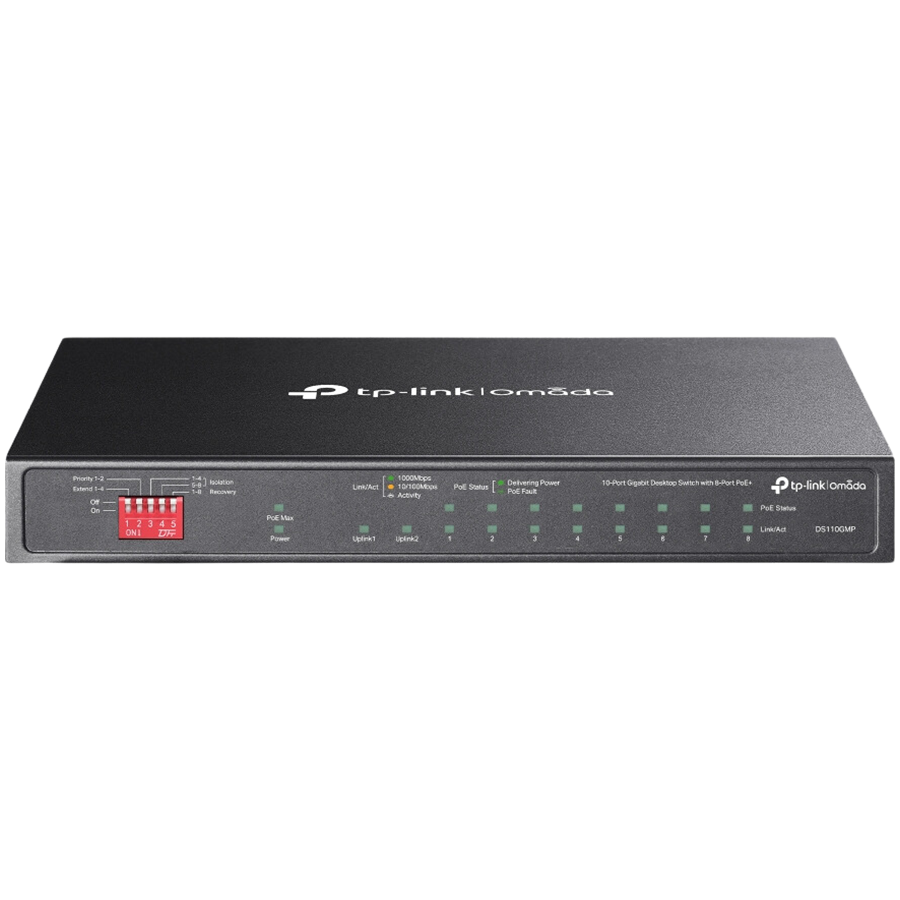 Omada 10-Port Gigabit Desktop Switch with 8-Port PoE+ 8× Gigabit PoE+ Ports, 2x Gigabit Non-PoE Ports, 1× Combo Gigabit SFP Slot 802.3at/af, 123 W PoE Power,  Desktop Steel Case Extend Mode for 250m P