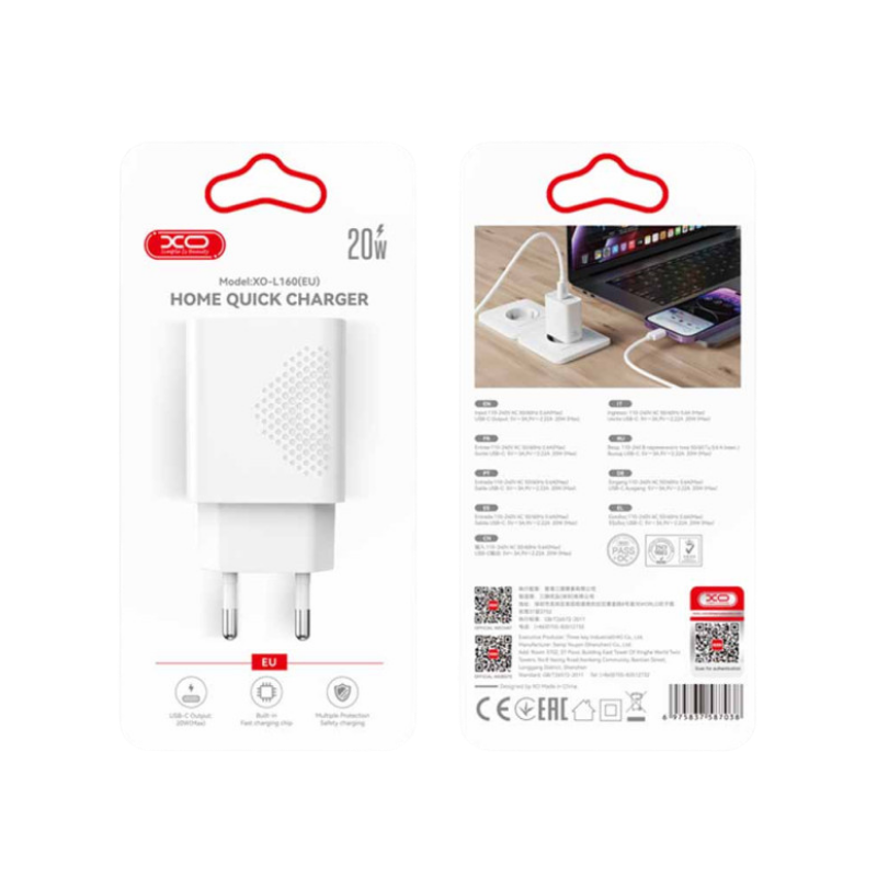 Kucni punjac XO L160 USB-C 20W fast White - glava