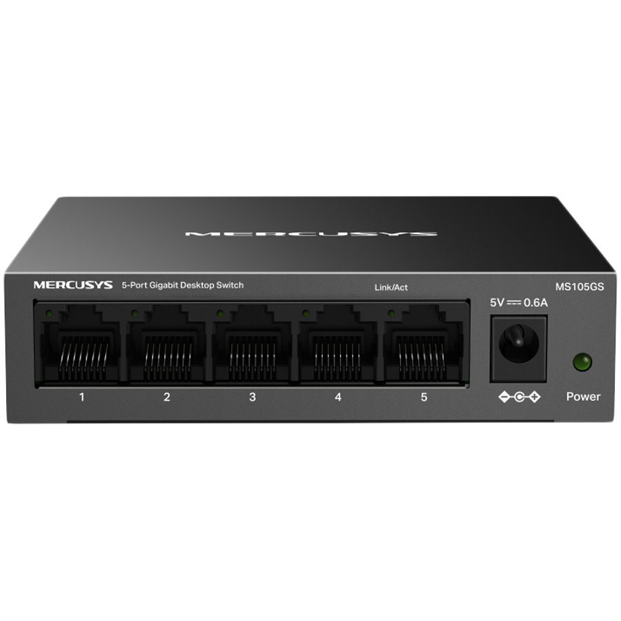 Mercusys MS105GS 5-Port Gigabit Desktop Switch, 5× Gigabit Ports, Desktop Steel Case, Wall Mounting, Plug and Play, Power Saving, Compact design, Green Ethernet technology, Silent