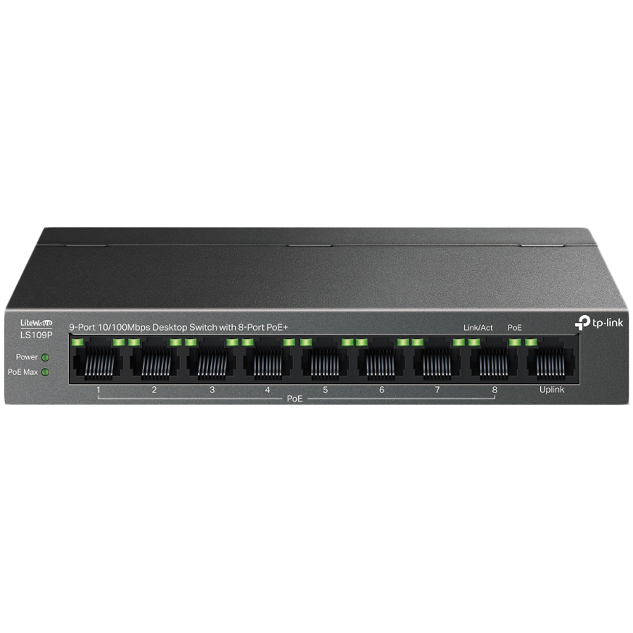TP-Link LS109P 9-Port 10/100 Mbps Desktop Switch with 8-Port PoE+, 8× 10/100 Mbps PoE+ Ports, 1× 10/100 Mbps Non-PoE Port, 802.3at/af, 63 W PoE Power, Desktop Steel Case, Extend Mode for 250m PoE Tran