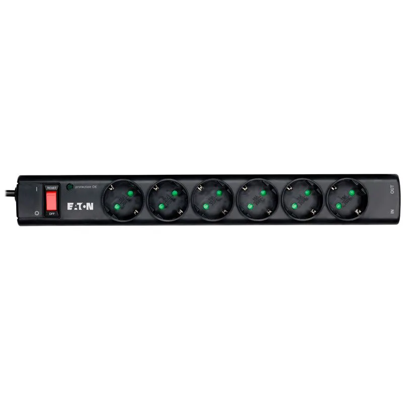 Eaton Protection Strip 6 DIN, 10A, 2500W; Input: Schuko, Outputs: (6) Schuko; Power Cord Lenght 1m; Over voltage protection; On/Off switch; LED indication; 2yr warranty