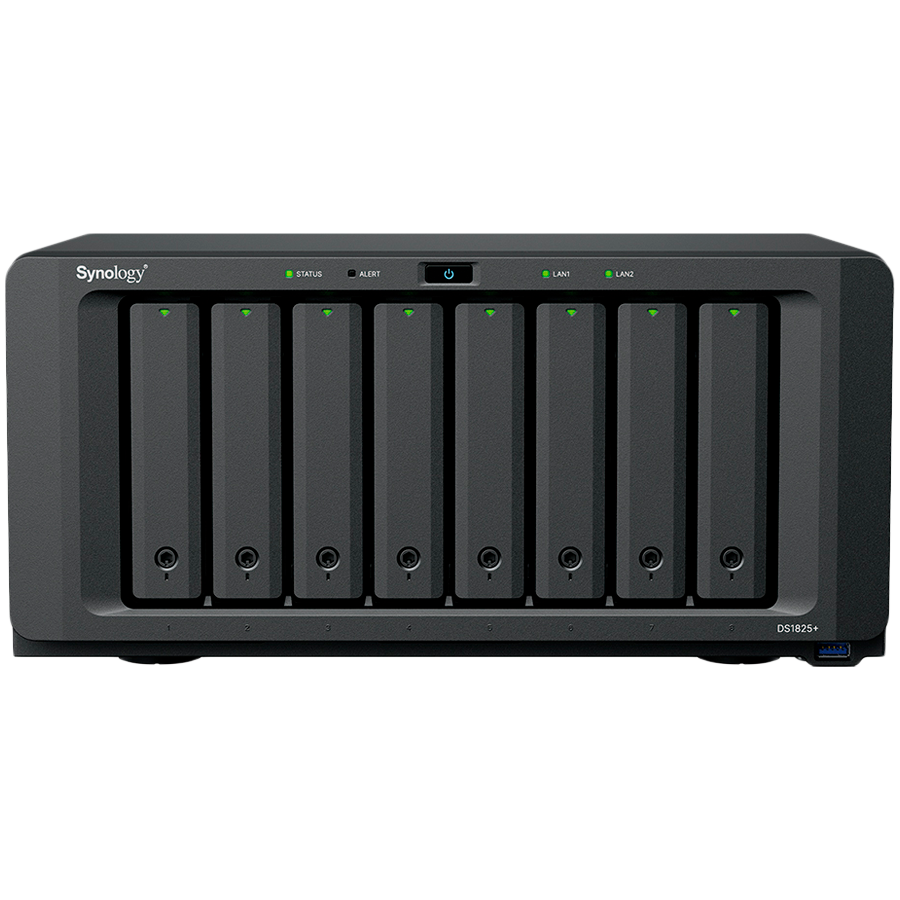 Synology DiskStation DS1825+, Tower, 8-BAY 3.5'' SATA HDD/SSD,  2xM.2 2280 NVMe SSD, CPU AMD Ryzen Quad-Core 2.2 GHz, 8GB DDR4, 2xRJ-45 2.5GbE LAN Port, 3xUSB 3.2, 2 x USB-C expansion ports (Expandabl