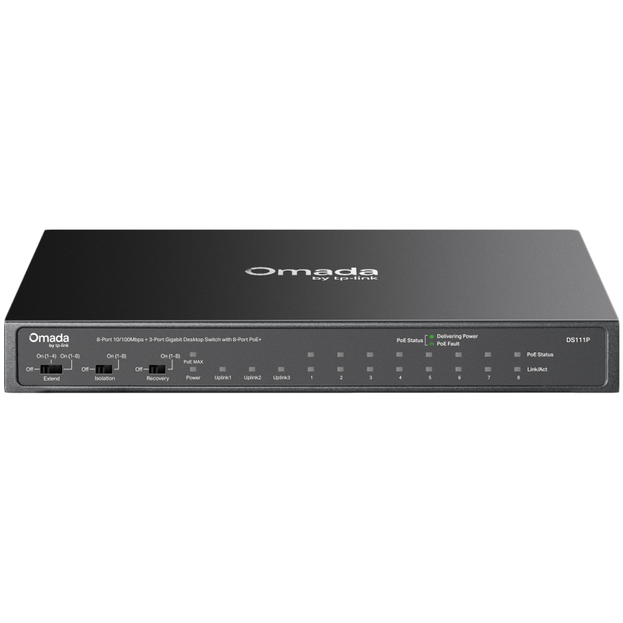 Omada 8-Port 10/100Mbps + 3-Port Gigabit Desktop Switch with 8-Port PoE+ 8× 10/100 Mbps PoE+ Ports, 2× Gigabit Non-PoE Ports, 1× Gigabit SFP Slots 802.3at/af, 65 W PoE Power, Desktop Steel Case Extend