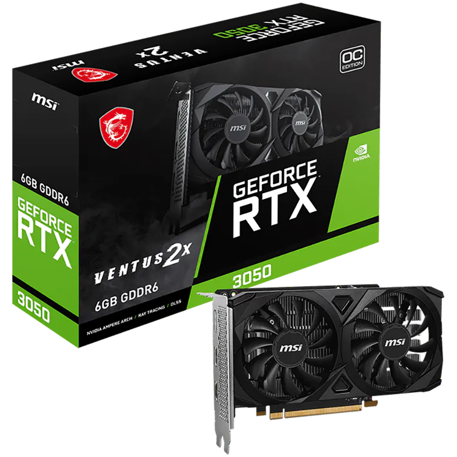 MSI GeForce RTX 3050 Ventus 2X E 6G OC Gaming Graphics Card 6GB GDDR6, 1492 MHz, PCI Express Gen 4, 96-bit, 1x DP (v1.4a), 2X HDMI 2.1 (Supports 4K)
