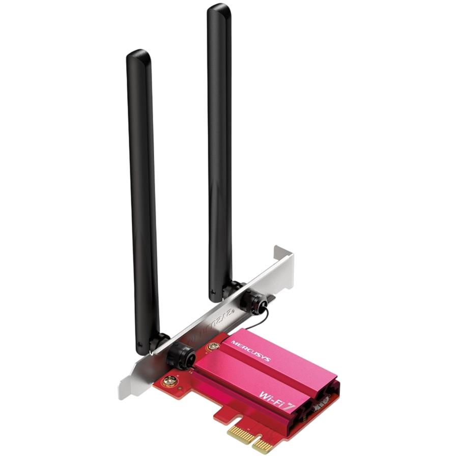 Mercusys MA37BE BE6500 WiFi 7 Bluetooth 5.4 PCIe Adapter, 2402 Mbps at 6 GHz + 2402 Mbps at 5 GHz + 574 Mbps at 2.4 GHz, 2x High Gain Tri-Band External Antennas, Wi-Fi 6E, MU-MIMO, OFDMA, 1024 QAM, HE