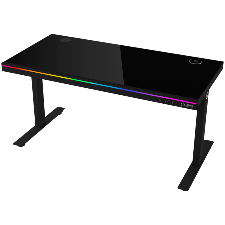 Dual-motor sit/stand adjustable-height gaming desk with wireless charger, RGB lighting, control panel, and USB ports, solid tempered glass tabletop, black.