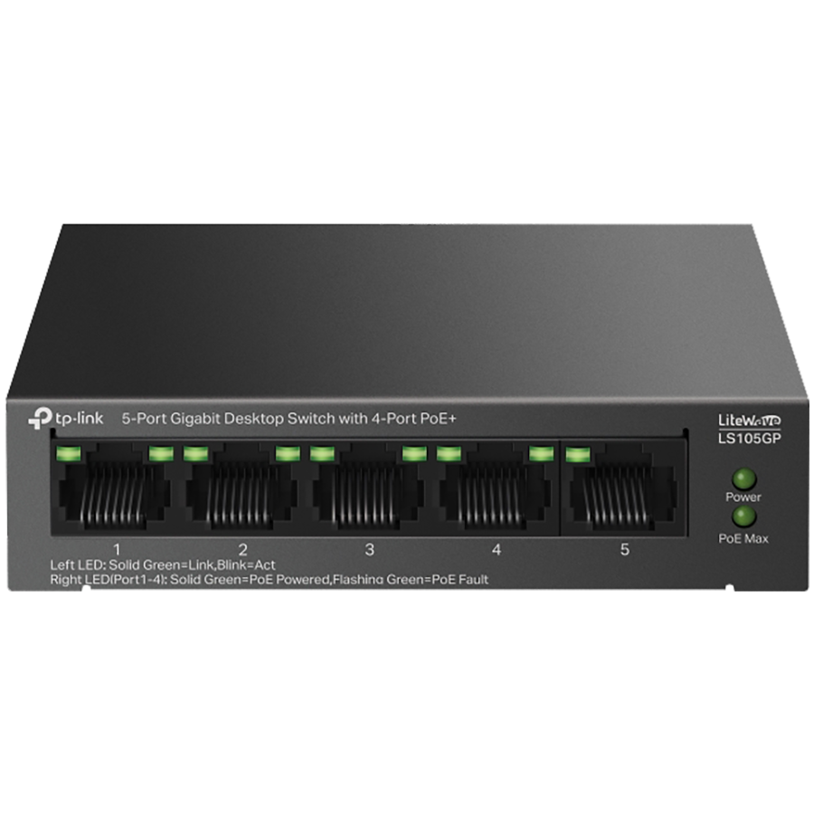 TP-Link LS105GP 5-Port Gigabit Desktop Switch with  4-Port PoE+, 4x Gigabit PoE+ Ports, 1x Gigabit Non-PoE Port, 802.3af/at, 65 W PoE Power, Desktop Steel Case, Extend Mode for 250m PoE Transmitting,