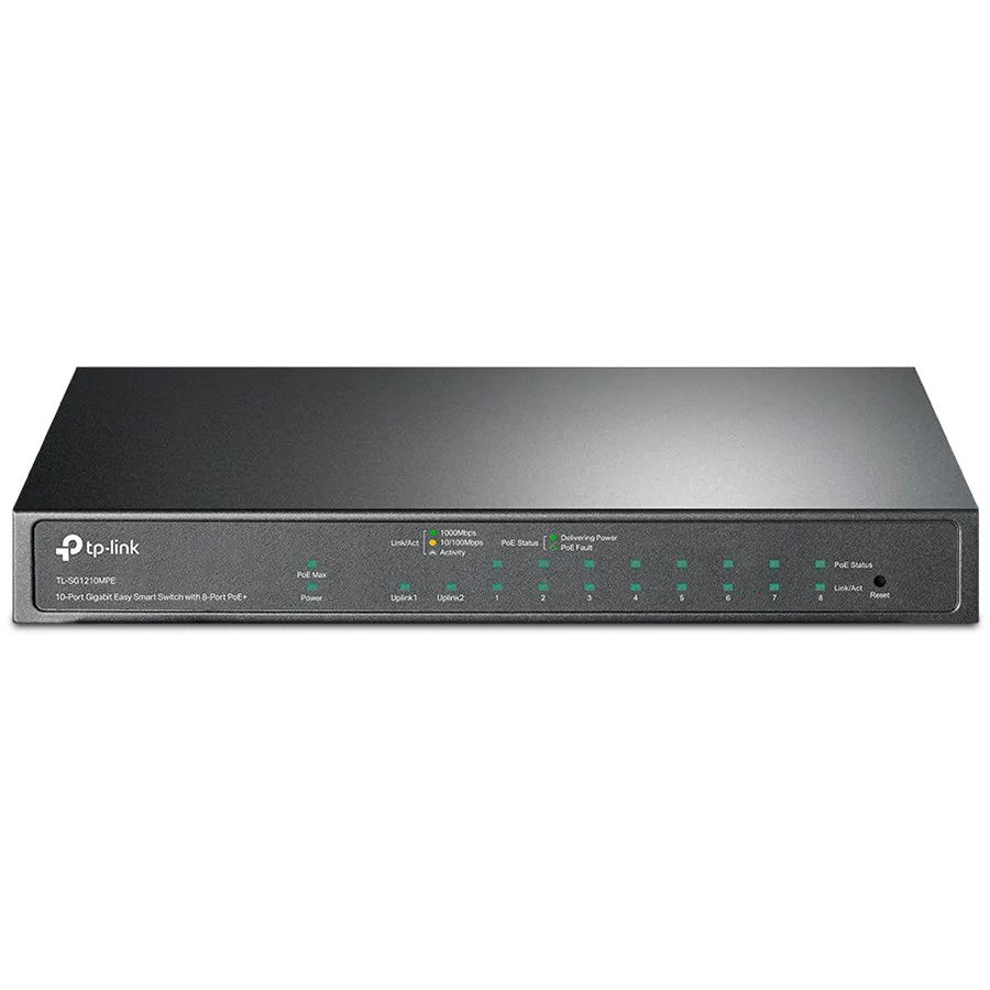 TP-Link TL-SG1210MPE 10-Port Gigabit Easy Smart Switch with 8-Port PoE+, 8× Gigabit PoE+ Ports, 2x Gigabit Non-PoE Ports, 1× Combo Gigabit SFP Slot, 123 W PoE Power,Desktop Steel Case,MTU/Port/Tag-bas