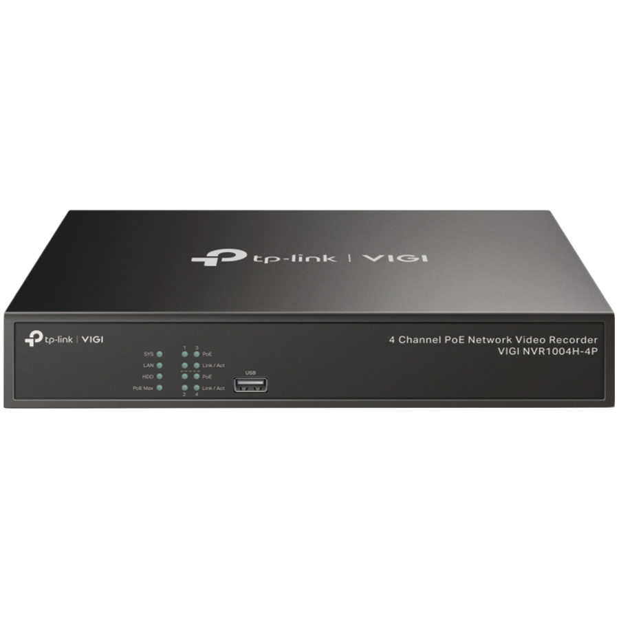 TP-Link VIGI NVR1004H 4 Channel Network Video Recorder, H.265+/H.265/H.264+/H.264, Up to 8MP resolution, 80 Mbps Incoming Bandwidth(up to 4 channels), 1× SATA Interface(up to 10 TB), VGA, 2xUSB, 1xHD
