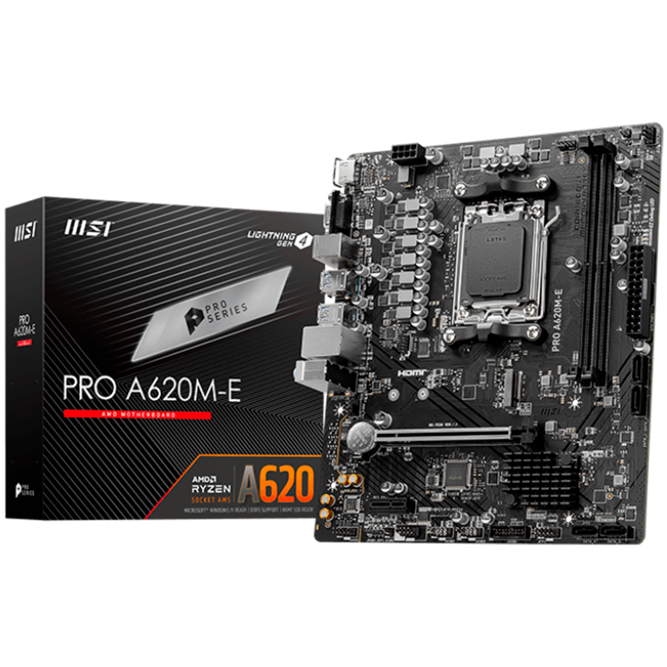 MSI PRO A620M-E, mATX, Socket AM5, Dual Channel DDR5 6800+MHz, 1x PCIe x16 slot, 1x M.2 slot, 1x HDMI, 1x VGA, 2x USB 3.2 Gen 1, 4x USB 2.0, 7.1 HD Audio, Realtek RTL8111H Gigabit LAN, 3Y