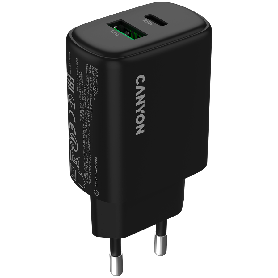 CANYON charger OnCharge 250 25W 1xPD 1xQC EU Black