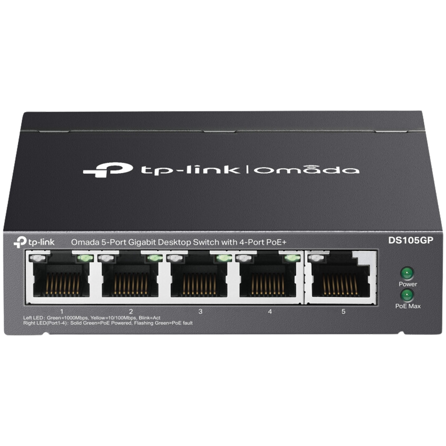 Omada 5-Port Gigabit Desktop Switch with  4-Port PoE+  PORT: 4× Gigabit PoE+ Ports, 1× Gigabit Non-PoE Port SPEC: 802.3af/at, 65 W PoE Power, Desktop Steel Case FEATURE: Plug and Play