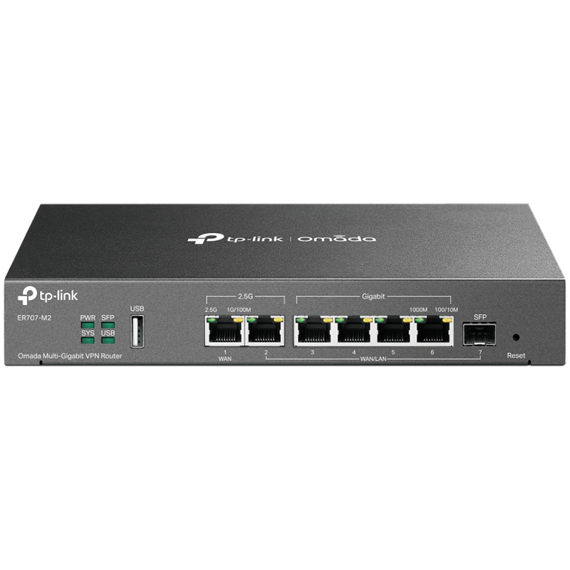 TP-Link ER707-M2 Omada Multi-Gigabit VPN Router,1× 2.5G RJ45 WAN Port,1× 2.5G RJ45 WAN/LAN Port, 1× G SFP WAN/LAN Port, 4× G RJ45 WAN/LAN Ports,1× USB 2.0 port,SSL VPN,OpenVPN,IPsec/ PPTP/ L2TP/ L2TP