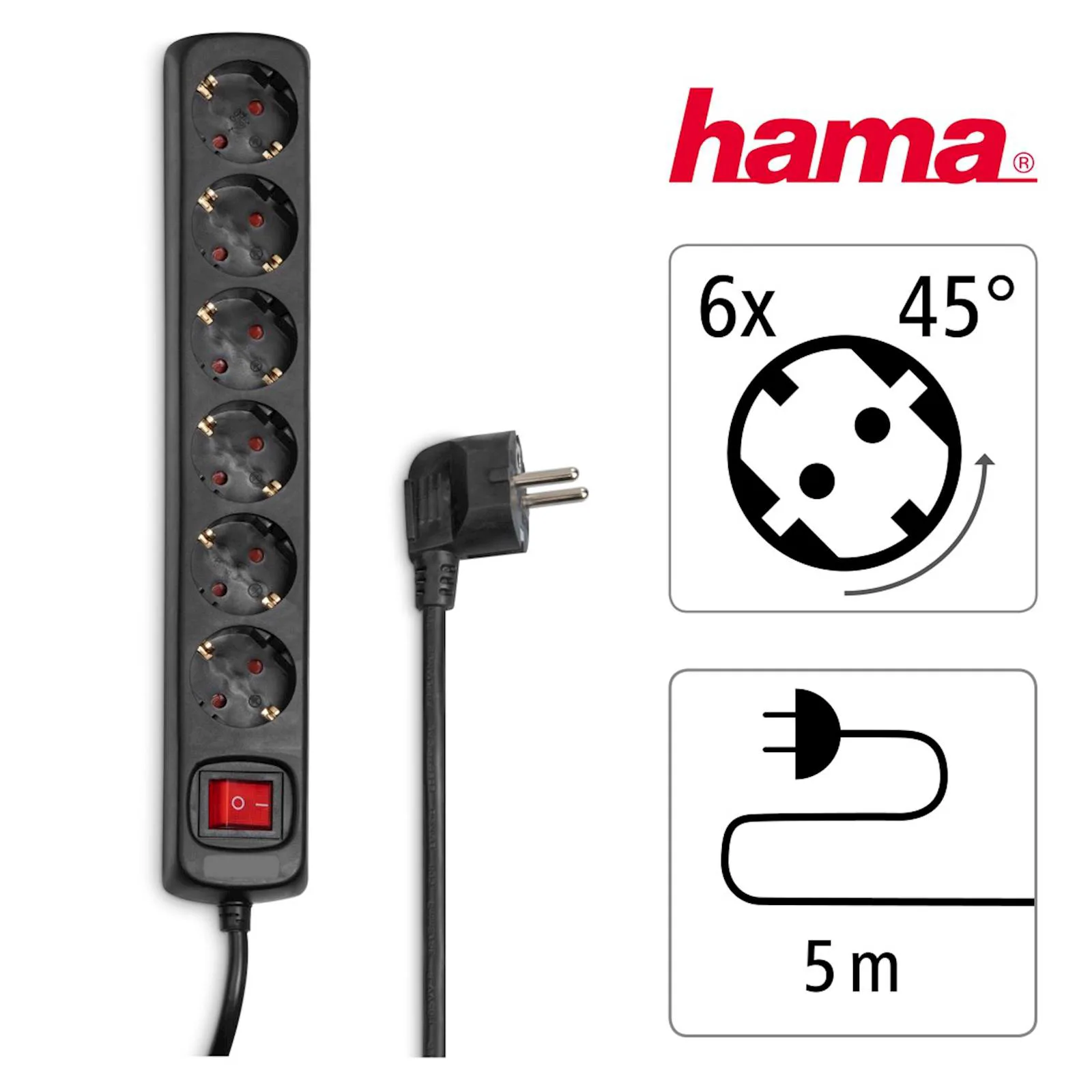 Produžni kabl Hama, 6 utičnica, sa prekidačem, 5 m