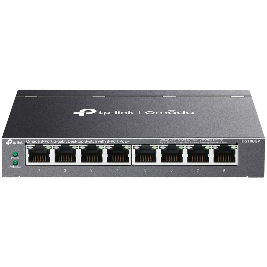 Omada 8-Port Gigabit Desktop Switch with  8-Port PoE+  8× Gigabit PoE+ Ports 802.3af/at, 64 W PoE Power, Desktop Steel Case Plug and Play