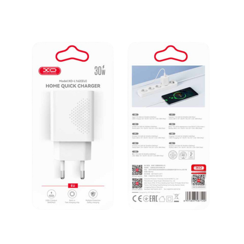 Kucni punjac XO L162 ulaz C 30W white + Type-C cable