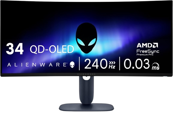 Monitor Alienware 34 Gaming AW3425DW Curved, 3440x1440, WQHD, 240Hz, QD-OLED Anti-Glare, 21:9, 1500000:1, 250/1000 cd/m2,AMD FreeSync+ VESA, 0.03ms, 178/178, DP, 2x HDMI, USB-A, USB-B, USB-C, Tilt, Sw