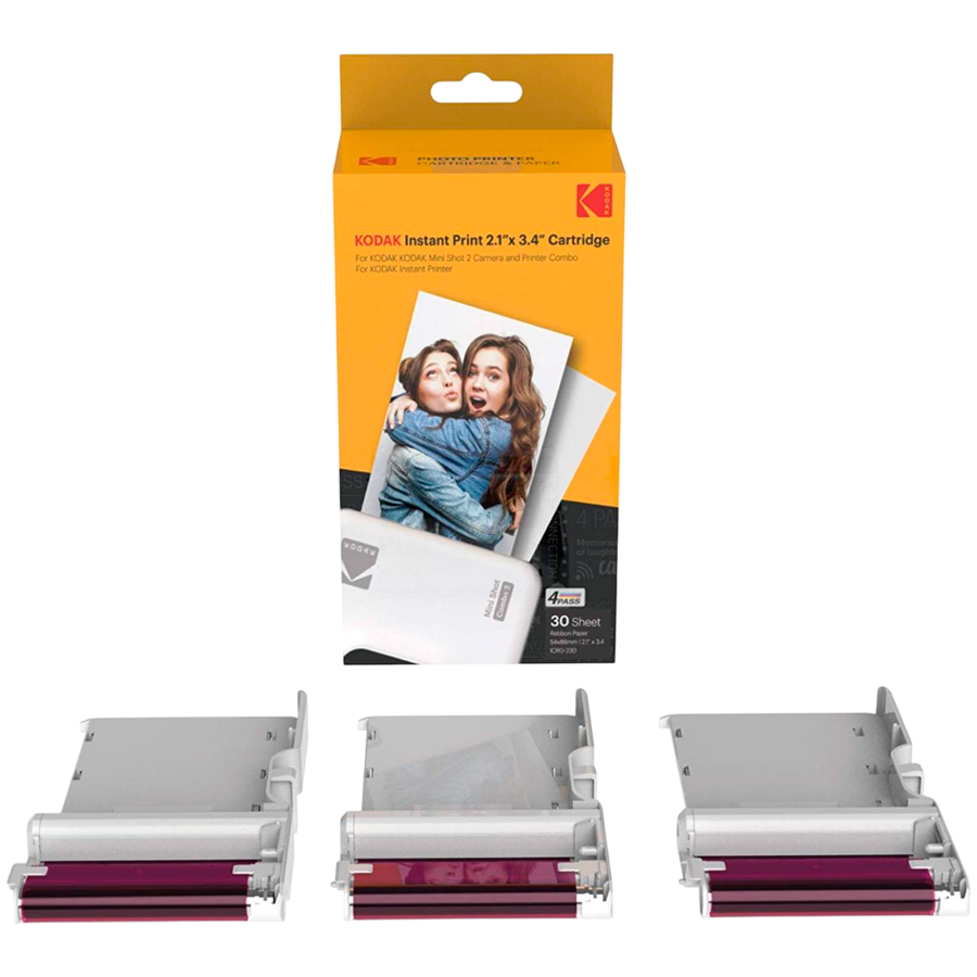 30 Pack Kodak 4PASS Real Photo (2.1"x3.4") Laminate Process Cartridge, All-in-One Paper and Color Ribbon Refill-Compatible with Kodak Mini 2, Mini 2 Plus, Mini 2 Retro, Mini Shot, Mini Shot 2 Retro