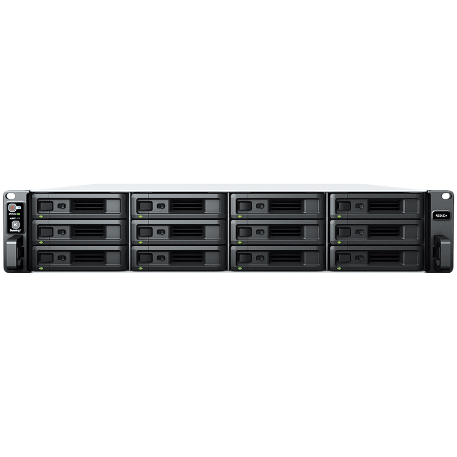 Synology RackStation RS2423+, Rack 2U, 12-bay 3.5''/2.5" SATA HDD/SSD, AMD Ryzen V1780B 4-core 3.35(base)/3.6 (turbo)GHz,8 GB DDR4 ECC UDIMM,2 x RJ-45 1 GbE LAN,1 x RJ-45 10 GbE LAN,2xUSB 3.2, eSATA p