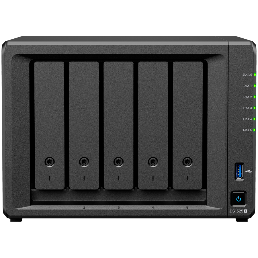 Synology DiskStation DS1525+ Tower, 5-Bays 3.5'' SATA HDD/SSD, 2 x M.2 2280 NVMe SSD slot, CPU AMD Ryzen V1500B 4-core 2.2 GHz, 8 GB DDR4 ECC SODIMM, 2x RJ-45 2.5 GbE LAN Port; 2x USB 3.2; 1 xUSB Type