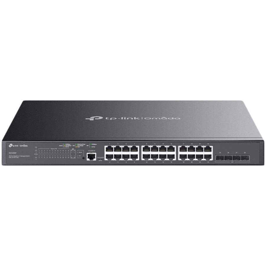 TP-Link SG3428MP Omada 28-Port Gigabit L2+ Managed Switch with 24× Gigabit 802.3af/at PoE+ ports and 4× Gigabit SFP slots, 384 W total PoE budget, Omada app, Static Routing, VLAN, ACL, QoS, IGMP Snoop